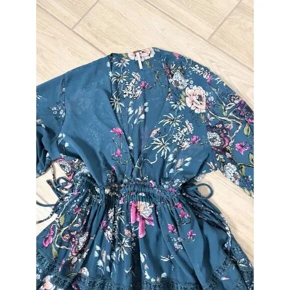 Free People Floral Chiffon Mini Dress Size M Teal Green Ruffle Boho Sleeve - Picture 2 of 4
